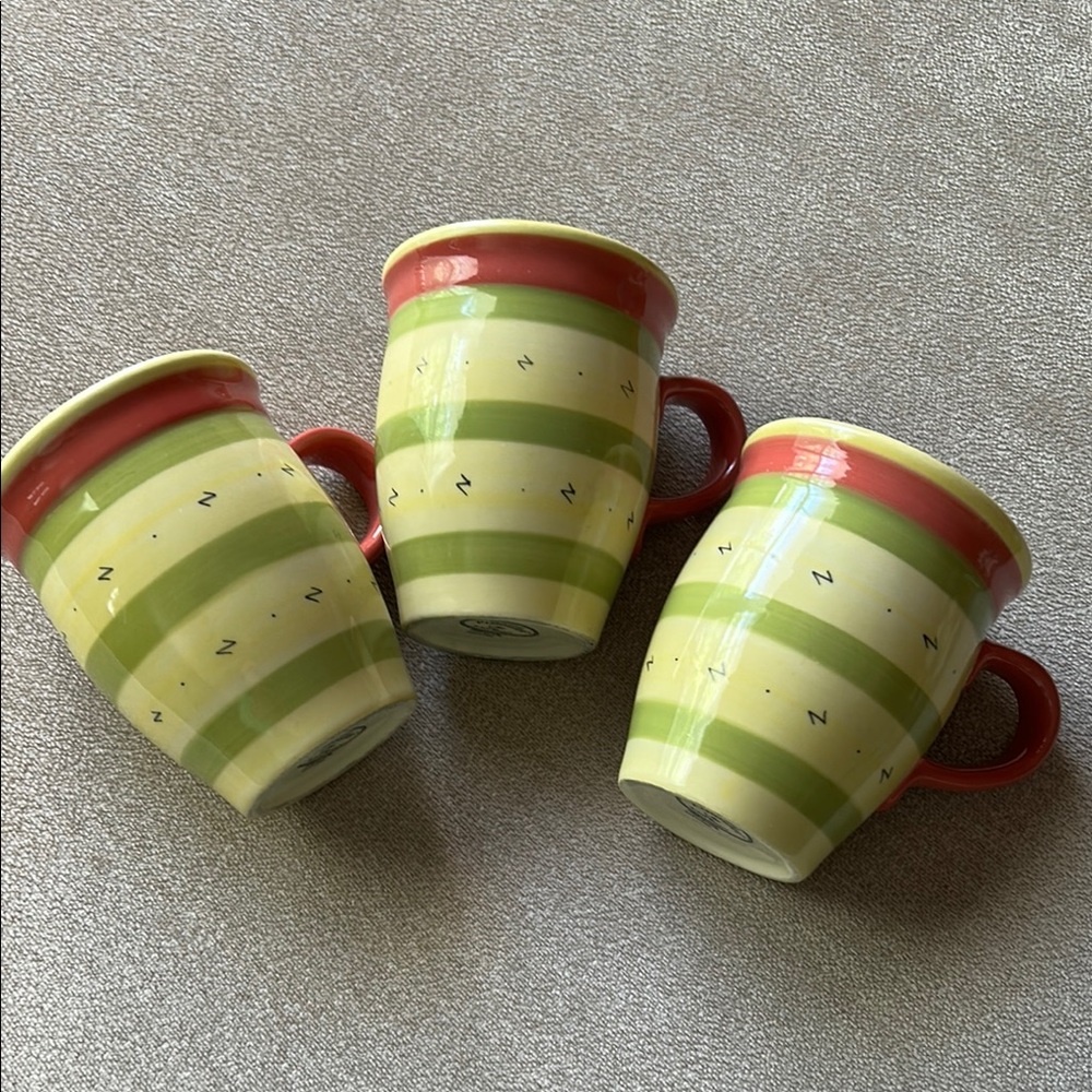 3 Striped Ceramic Mugs - Green and Red